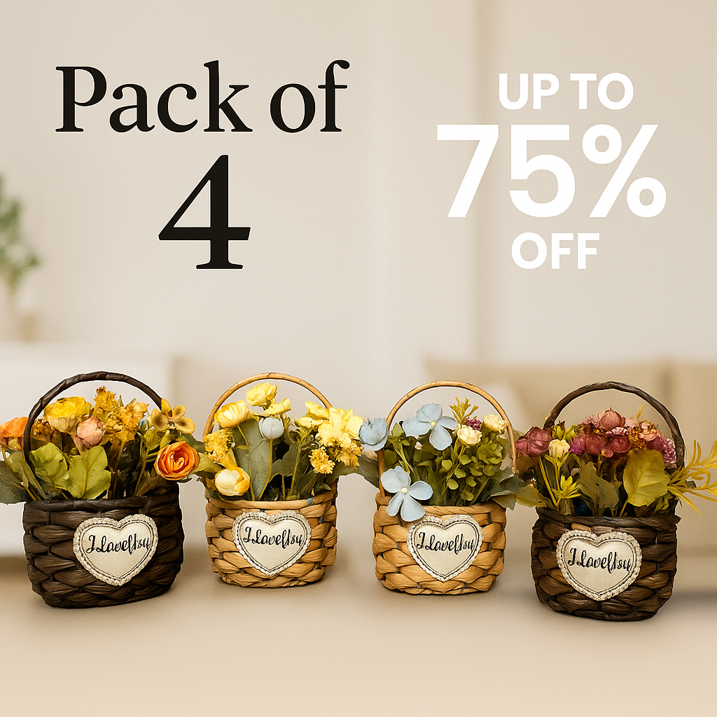 Set of 4 Large Handwoven Decorative Baskets with Artificial Flowers – Perfect for Home Décor and Gifting